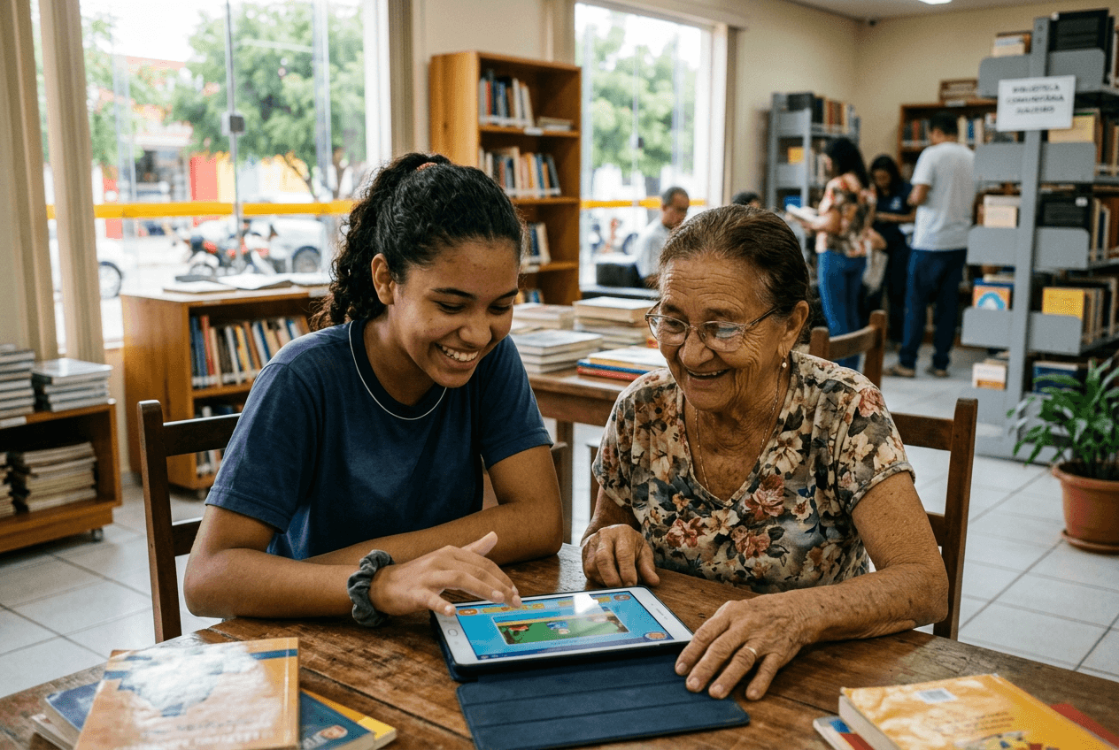 Uma senhora e uma estudante usam um tablet juntas em uma biblioteca.