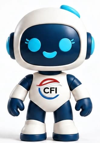 Mascote da CFI: um robô branco e azul sorridente, com olhos ciano e braços abertos